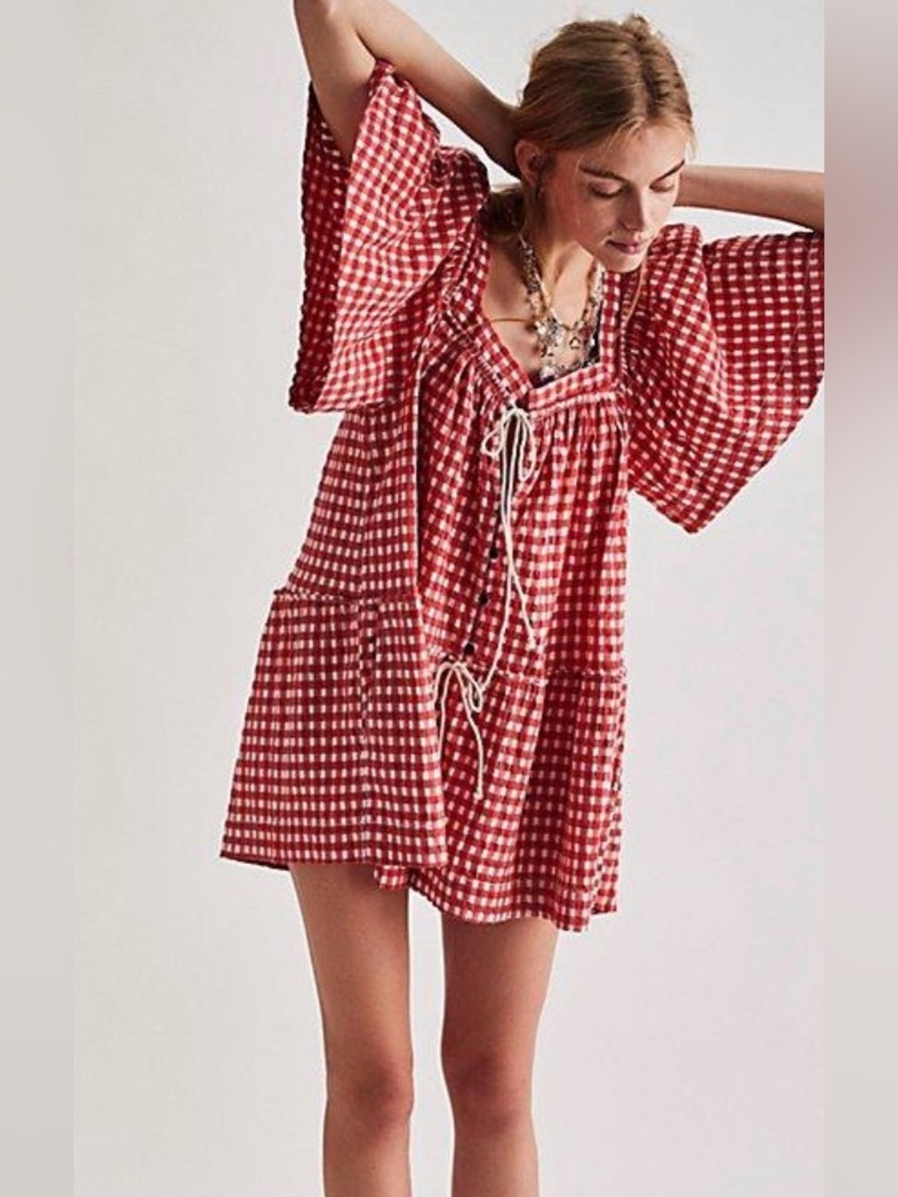 Free People Red Gingham Tie-Front Swim Cover-Up Tunic